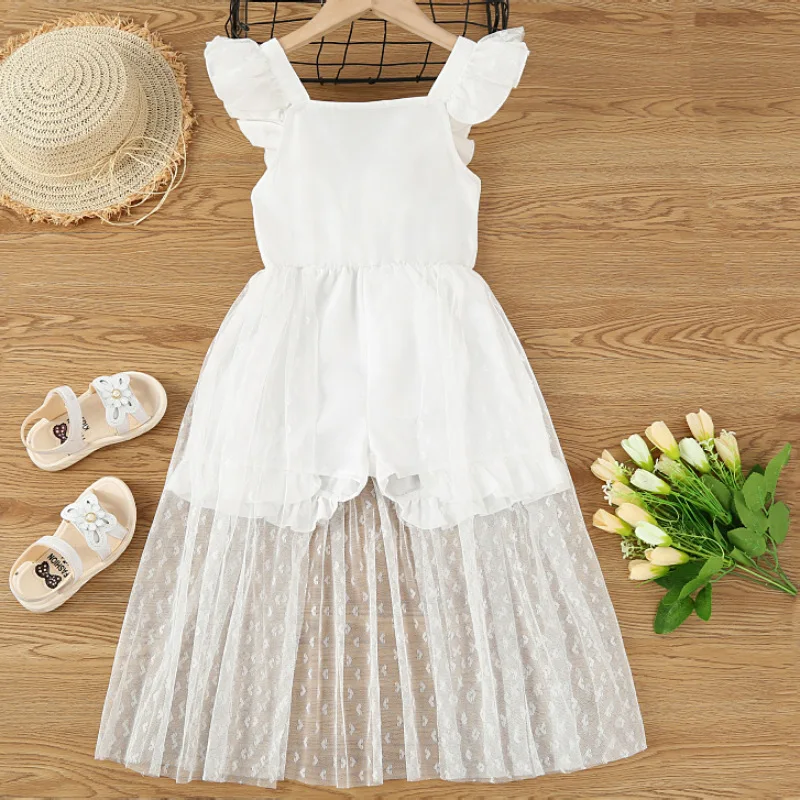 

Summer Fashion Girl Jumpsuits Girls Clothes Meshed Dress Ruffle White Elegant Wedding Party Formal Outifts Macacões