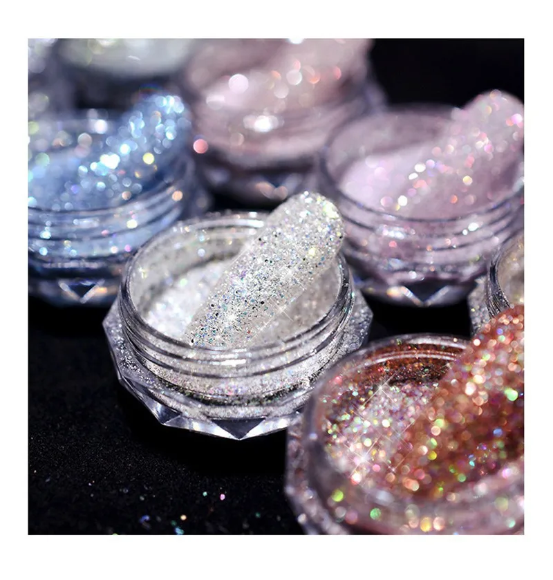 1Jar Aurora Broken Diamond ผงเล็บ Holographic สีรุ้งเล็บ Glitter Pigment Micro เจาะแก้วตกแต่งเล็บ