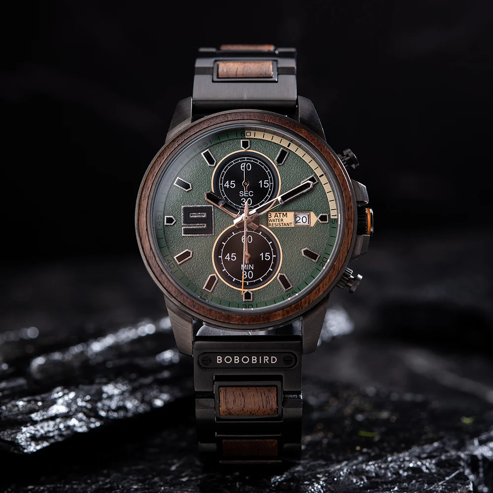 Wood Watch Men BOBOBIRD New Top Luxury Fashion Japanese Quartz Movement Military Style Multi-function Wristwatch Great Gift Box