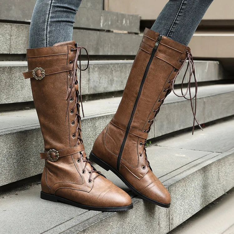 Vintage Brown Faux Leather Mid Boots Lace Up Flat Heel Side Zipper Retro Riding Boots Cosplay Western Boots