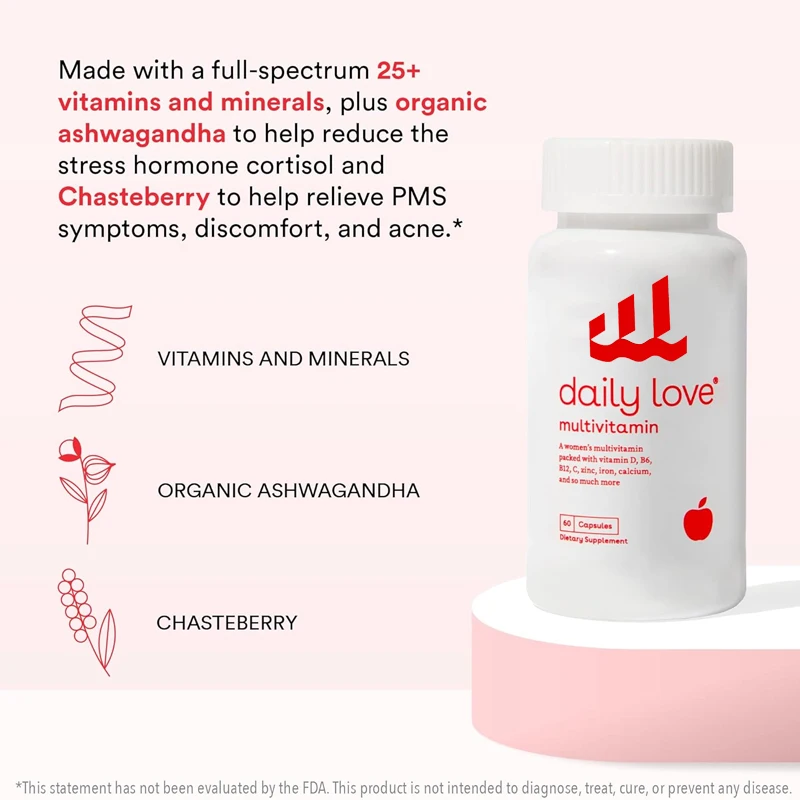 

Daily Love Women's Multivitamin | Supports Energy and PMS | Contains vitamins D, C, iron, calcium, zinc, biotin, and magnesium