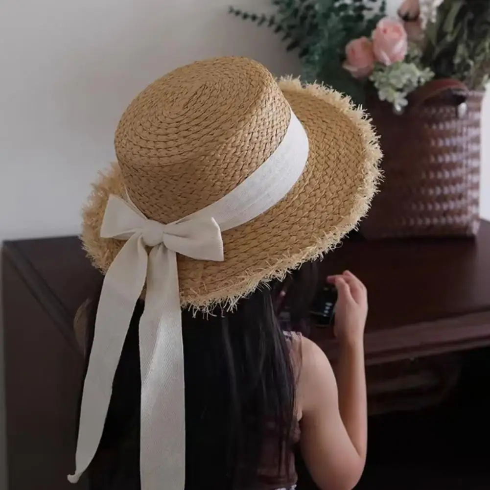 Kids Sun Hat Breathable Straw Hat Children's Wide Brim Straw Hat with Ribbon Bowknot Furry Trim Summer Beach Round Shape Outdoor