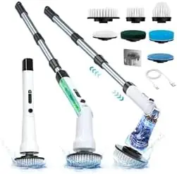 Electric Spin Scrubber – 7 Brush Heads, IPX7 Waterproof, 300/400 RPM, 3 Adjustable Length – White
