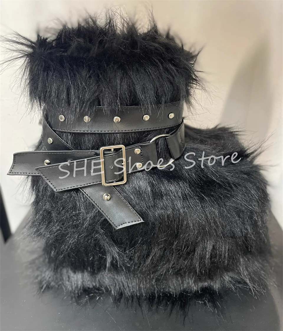 

Warm Plush Chunky Bottom Women Snow Boots Punk Rivet Belt Buckle Decor Short Boots Y2K Style Lolita Girls Hight Heel Shoes