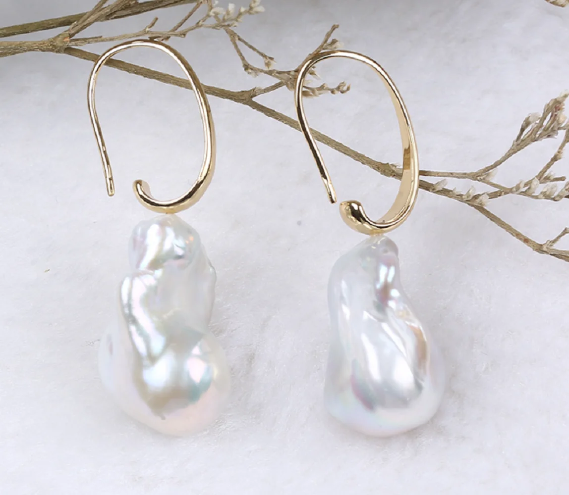 

Natural AAA13X19mm South Sea white irregular shaped Baroque pearl earrings 925s