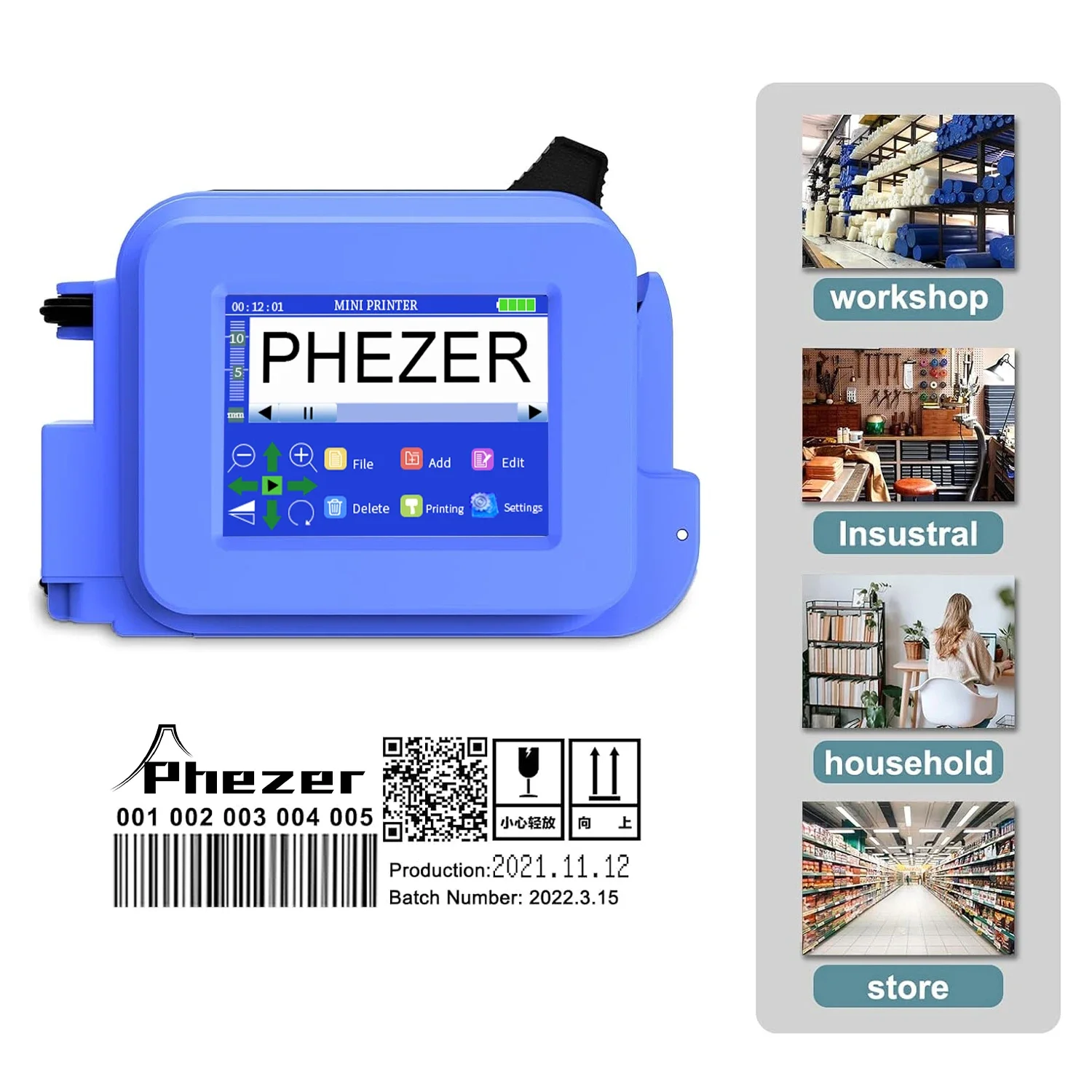 Phezer 12.7mm Handheld Inkjet Printer Portable Mini Batch Code Date Quick-Drying Ink Cartridge QR Code Logo Expiry Date Barcode