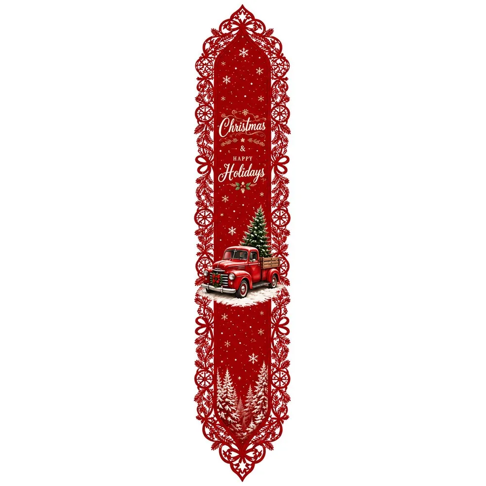New Lace Edge Christmas Table Runner Christmas Print Classic Hollow Holiday Table Runner Table Cloth Flag Festive Table Decor