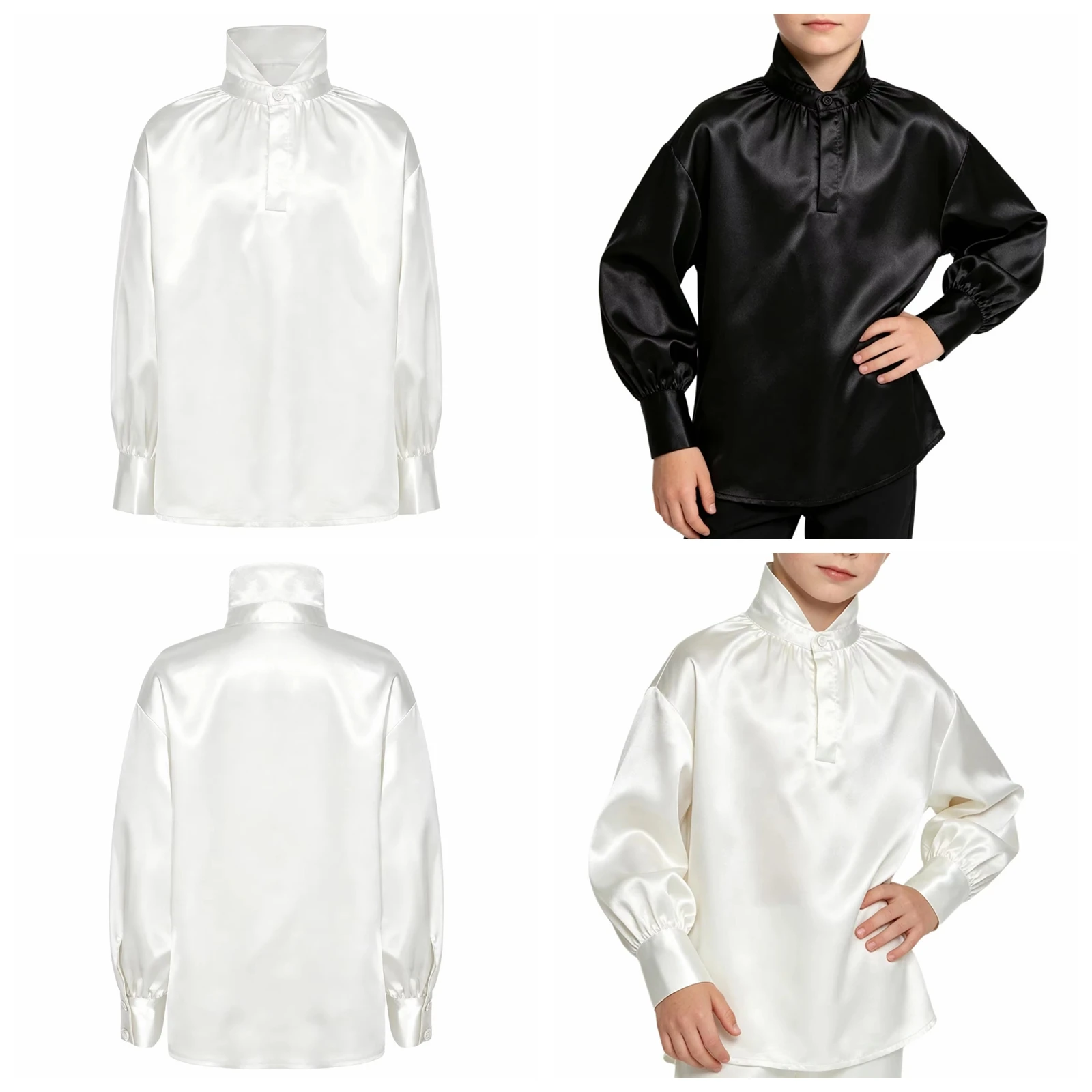 Kids Boys Satin Shirt Blouse Medieval Renaissance Costume Pirate Viking Tops for Halloween Party Performance Roleplay Outfits