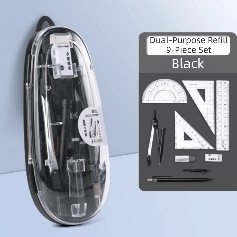 9Pcs/Set Straight Ruler Math Geometry Kit Protractor Compass Transparent Ruler Set Lead Core Sign Pen Drawing Tool Set