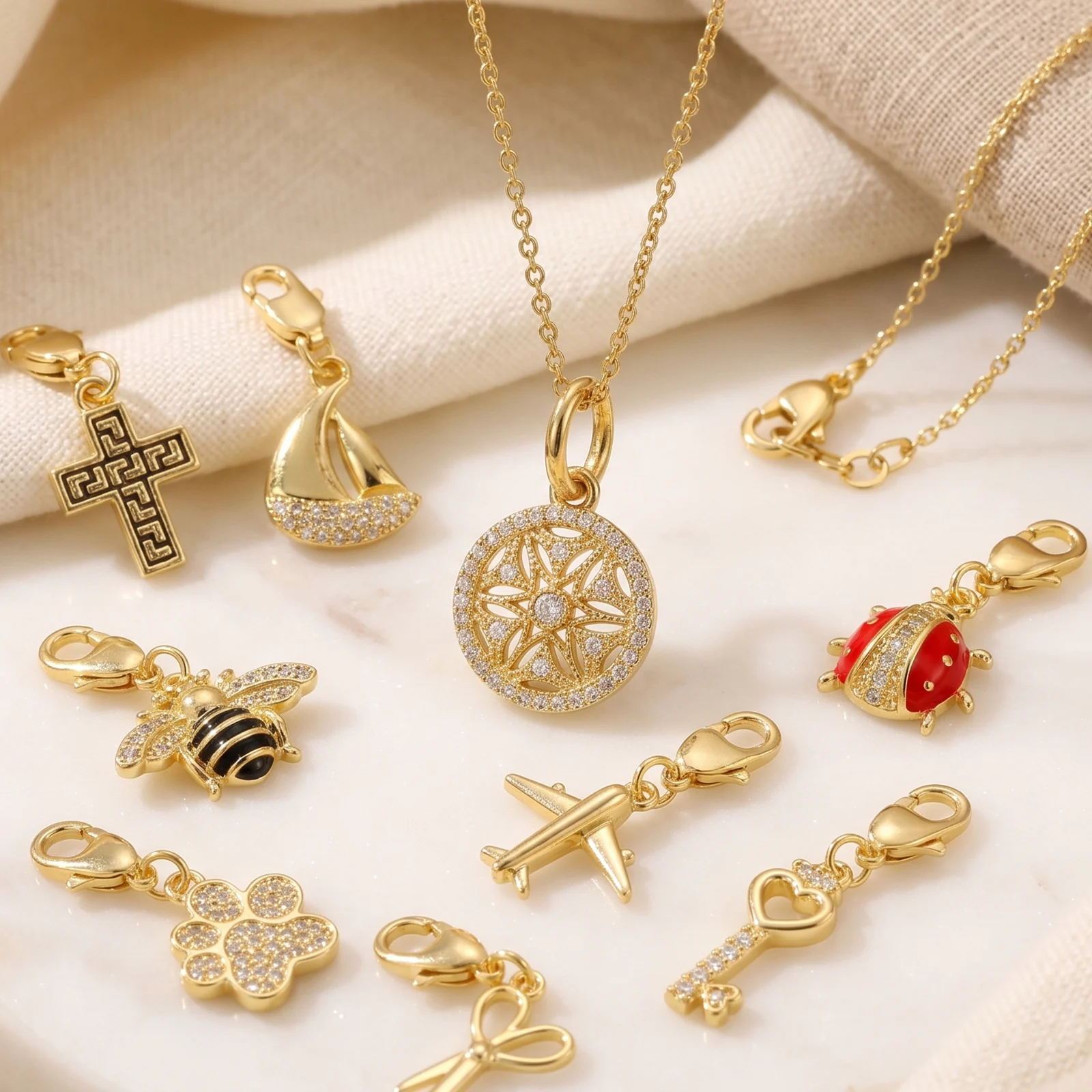 2Pcs Brass Lobster Clasp Charms Cross Sun Lobster Airplane 18K Gold Plated Clear Cubic Zirconia Pendants For DIY Necklace Making