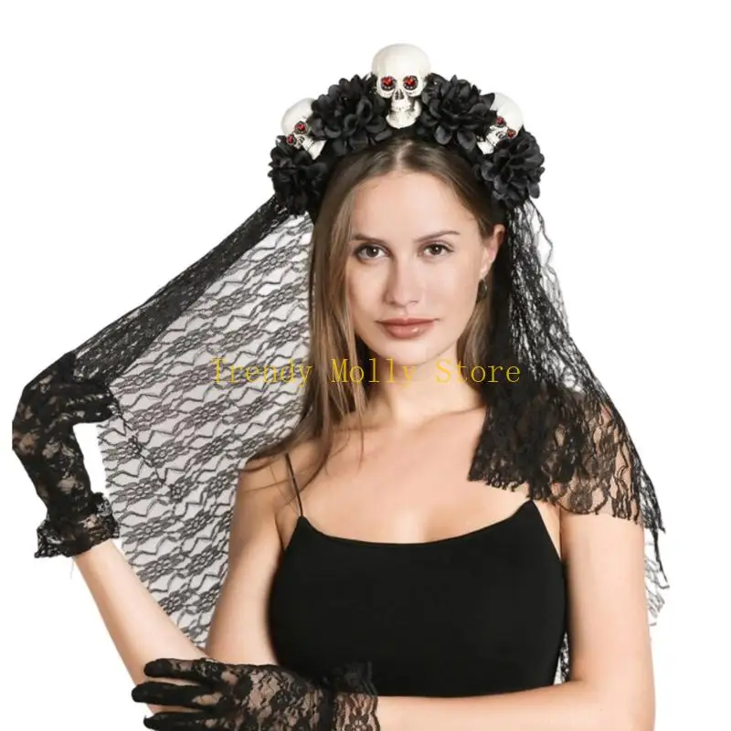 

N5KB Adjustable Skull Design Headwear Comfortable Gothic Hairband Hairpiece For Adults Punk Fashion Outfit Styling