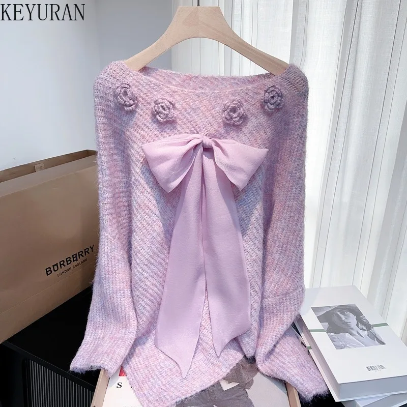 Suéteres rosas con mangas de murciélago y flores en 3D para mujer, jerséis elegantes holgados Vintage, Tops de punto, Otoño/Invierno