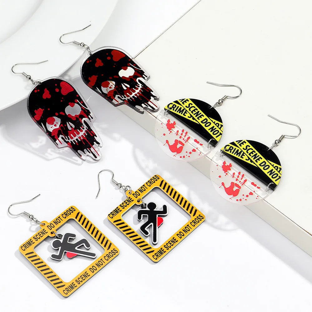 Gothic Bleeding Skull Acrylic Drop Earrings for Women Horrible Crime Scene Square Pendant Earrings Halloween Jewelry Gifts