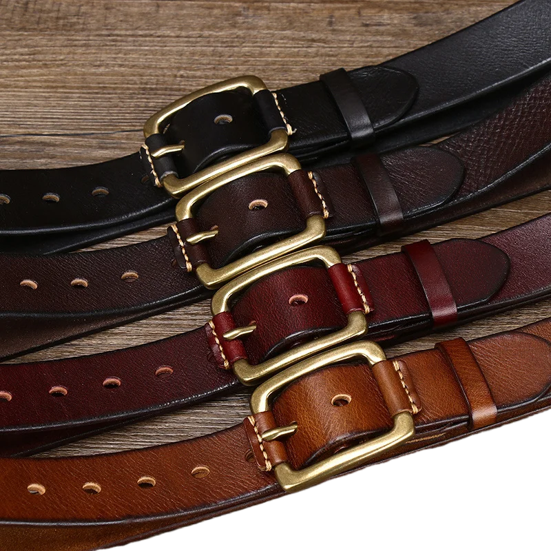 Men's Genuine Leather Belts, Pure Cowhide 3.8CM Brand Strap, Mens Brass Buckle, Luxury Vintage Cowboy Belts