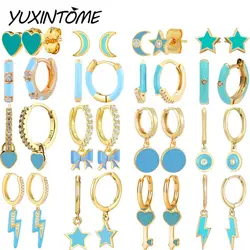 925 Sterling Silver Needle Exquisite Blue Glue Hoop Earrings for Women 24K Gold Earrings Fashion Trend Jewelry Ear Accessories
