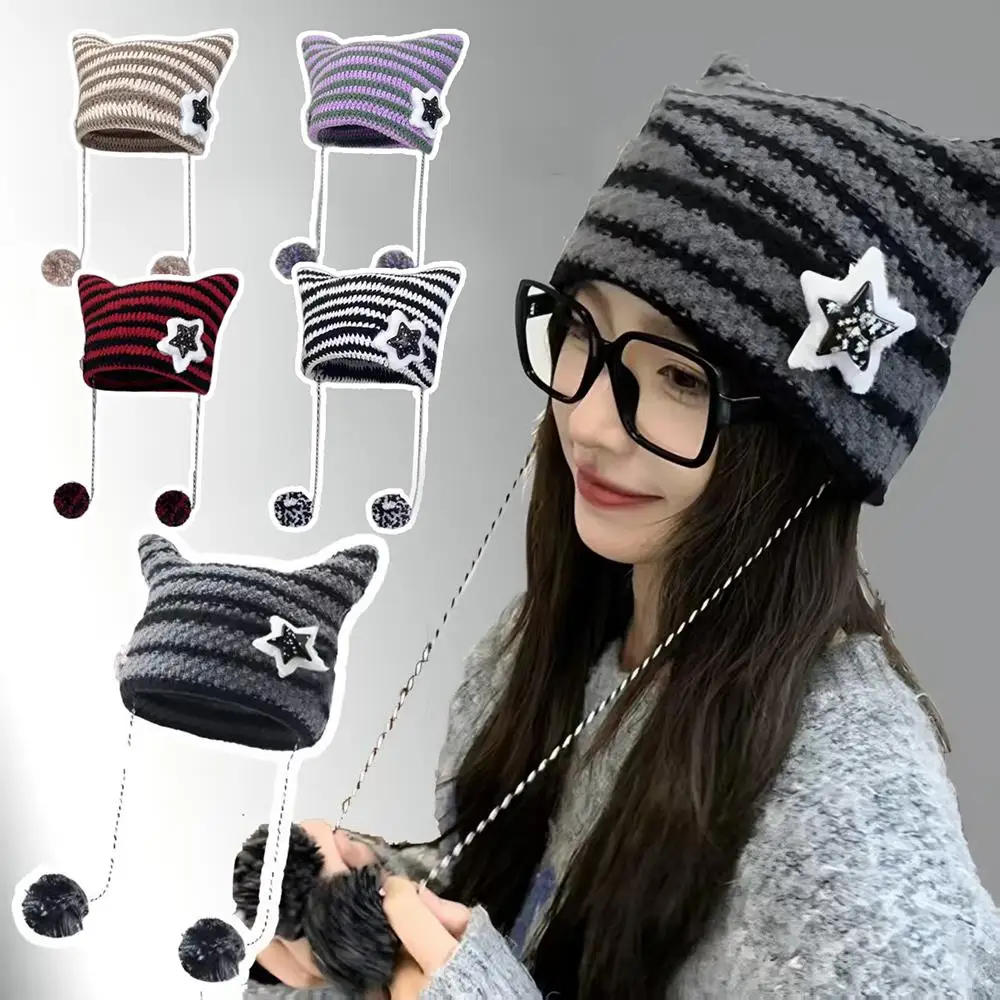 

Crochet Knitting Hats Winter Warm Wool Pullover Cap Cute Star Knitted Beanies Women Knitted Striped Slouchy Cap Y2K Skullies Hat