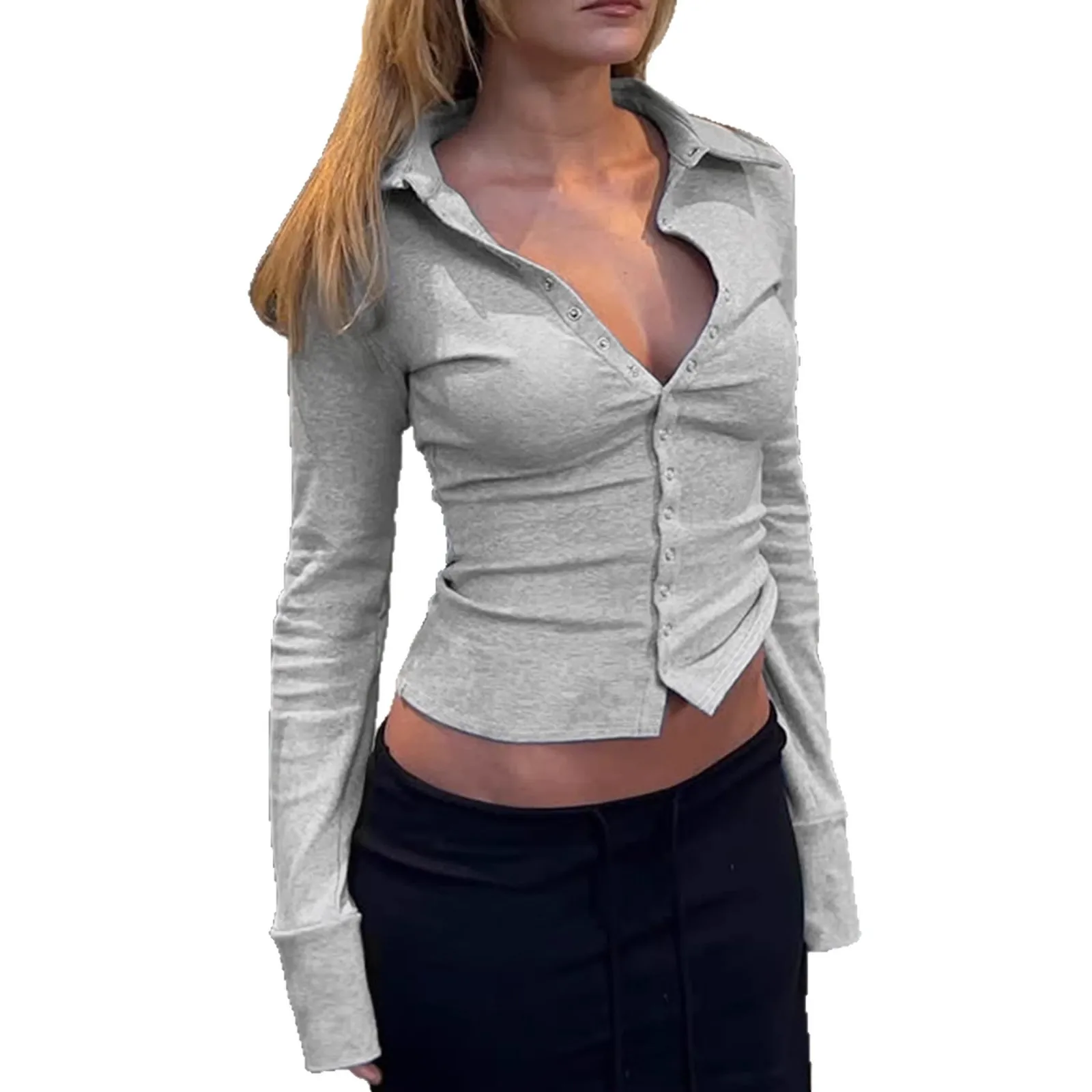 Casual Long Sleeve Pure Color Button up Collar Open Cardigan Shirt T-Shirt Women's Basic Fashion Top Slim Fit Hand Ironed