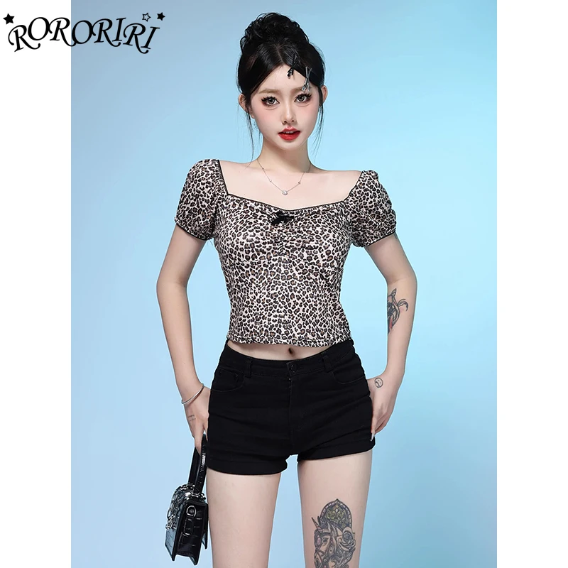 RORORIRI Retro Leopard Print Short Sleeves T-shirt Women Summer Bow Decor Square Neck Stretch Slim Crop Top Grayu Y2k Streetwear