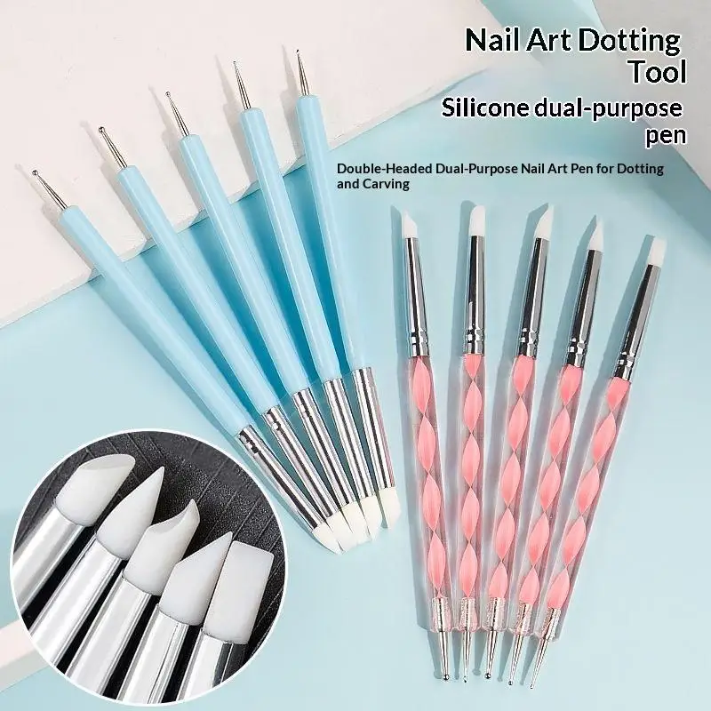 5Pcs Marbleizing Painting Pens 2 Way Nail Art Acrylic Silicone Point Flower Nail Pen Stainless Steel Dotting Tools