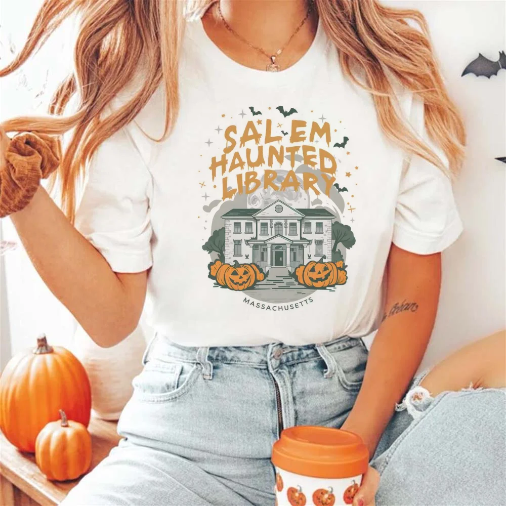 Haunted Library Cartoon Retro T-Shirt Clothing Printed Short Sleeve T-Shirt Women's Fashion Pattern Women's Top Street T-Shirt