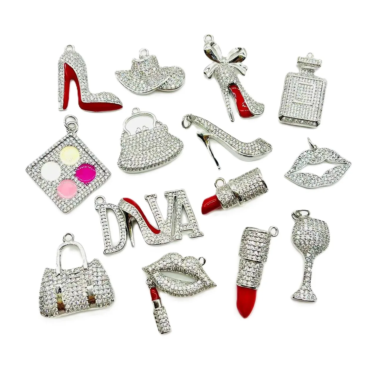 14Pcs/Lot Zirconia Pave Fashion Handbag Lipstick Hat High Heel Hat Charms Mix for Women Custom Design Bracelet Jewelry Making