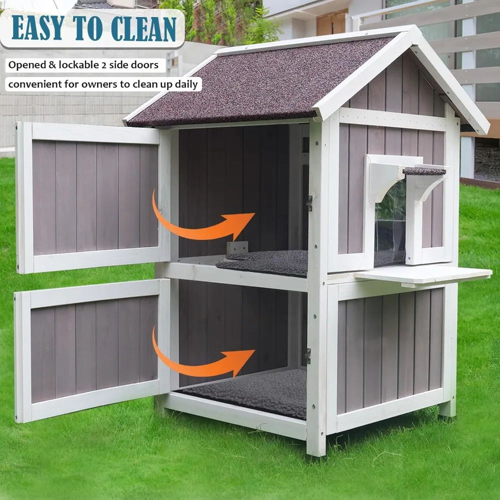 Outdoor Cat House, Large Outdoor Houses for Feral Cats Wooden Outside Cat Shelter Weatherproof with Escape Door