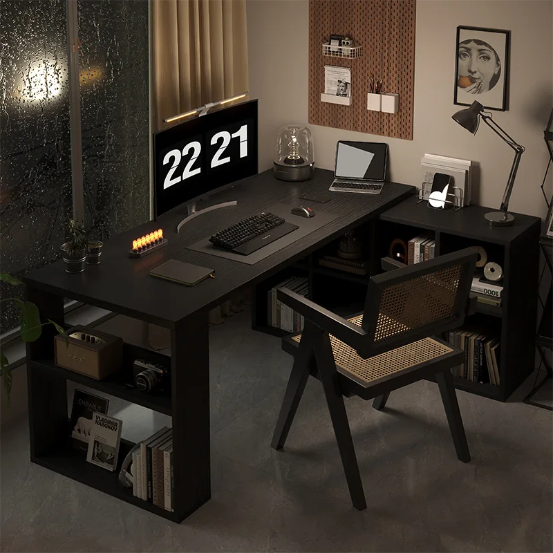 Integrated Bookshelf L-shaped Computer Table, Corner Writing Study Desk for Student Bedroom Household Use