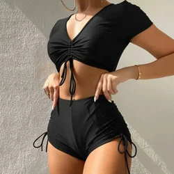 Conjunto de Bikini con cordón para Mujer, Top corto negro con traje de baño, pantalones cortos, bañador Sexy, ropa de playa, 2024