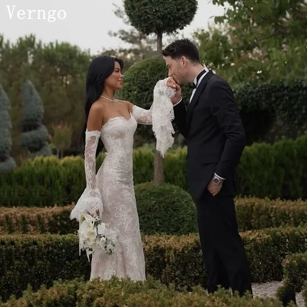 

Verngo Luxury Lace Wedding Dress Sweetheart Mermaid Full Bell Sleeves Bridal Gowns Women Modern Prom Bride Dress Customized