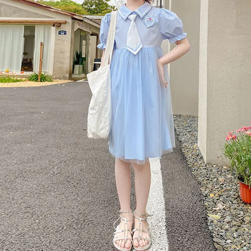 

Elegant Fashion Harajuku Slim Fit Children Clothes Loose Casual All Match Princess Skirt Solid POLO Collar Short Sleeve Dresses