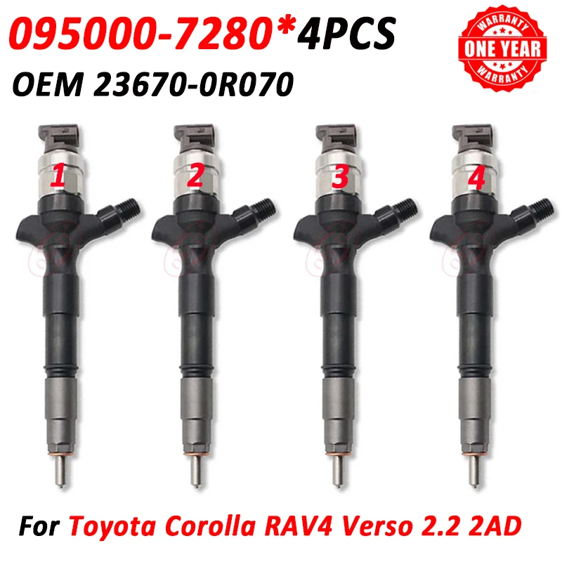 

095000-7280 0950007280 Common Rail Injector 23670-0R070 Diesel Fuel Nozzle 236700R070 For Toyota Corolla RAV4 2AD 4PCS