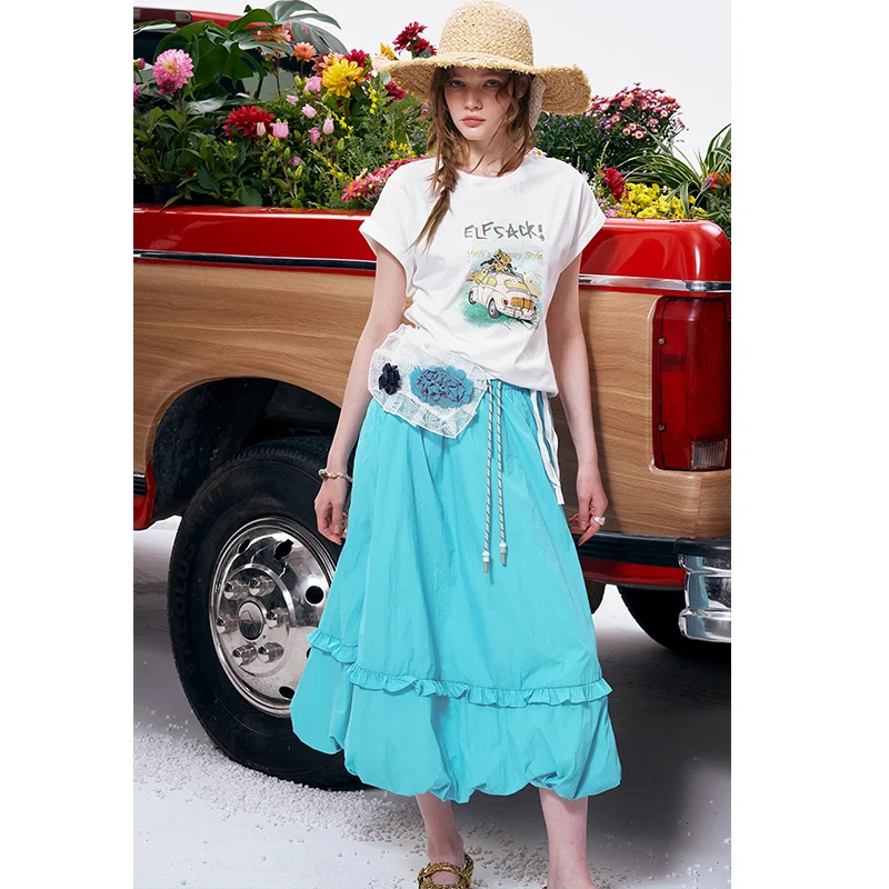 ELFSACK Women's High Waist Bubble Hem Midi Skirt, Casual Versatile A-Line Skirt, Ruffle Trim Drawstring Waist Woven Skirt
