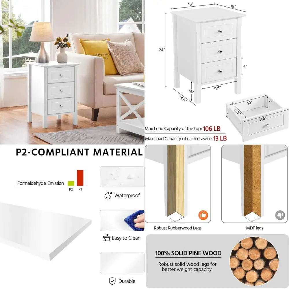 White Wooden 3-Drawer Nightstand for Bedroom, Compact Storage with Solid Wood Legs, Easy Assembly, Ideal for Home Office and Sma