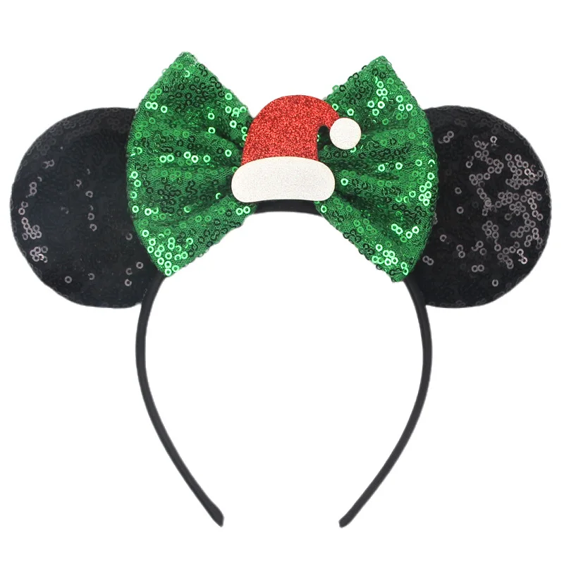 Disney Mickey Mouse Christmas Sequins Santa Hat Headband for Adults Xmas Kids Girls Party Hairbands Women Bows Hair Accessories