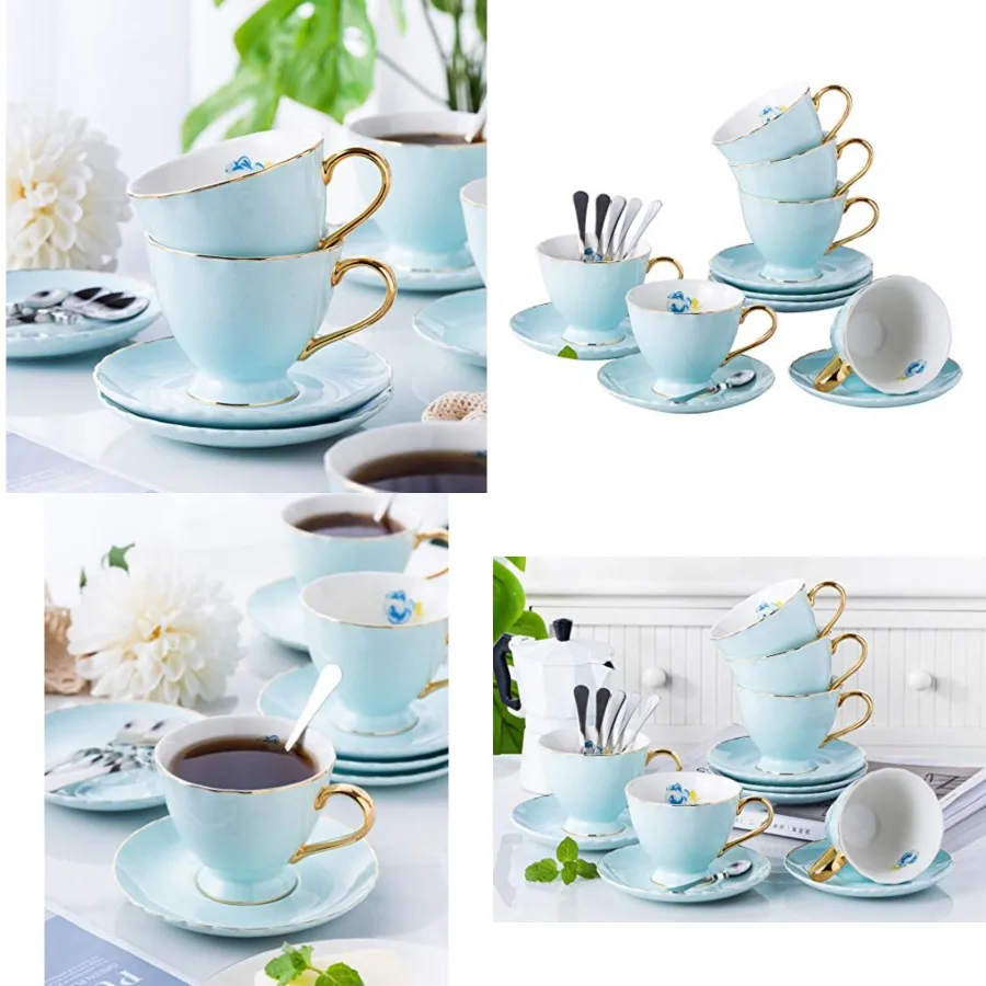

® Fine China Tea Cup and Saucer Coffee Cup Set with Saucer and Spoon Set of 6 FD-TCS02 blue (6,7oz