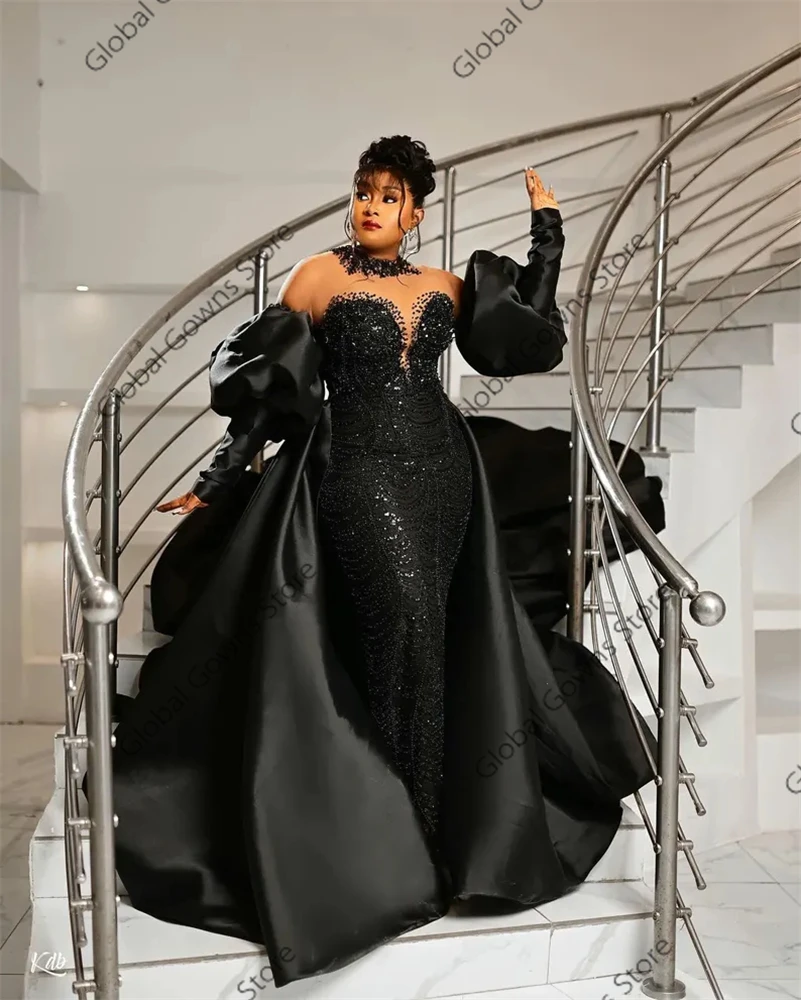 Aso Ebi Luxury O Neck 2025 For Black Girls Beaded Crystal Evening Dresses Full Sleeve Party Dress Detachable Tail Customized