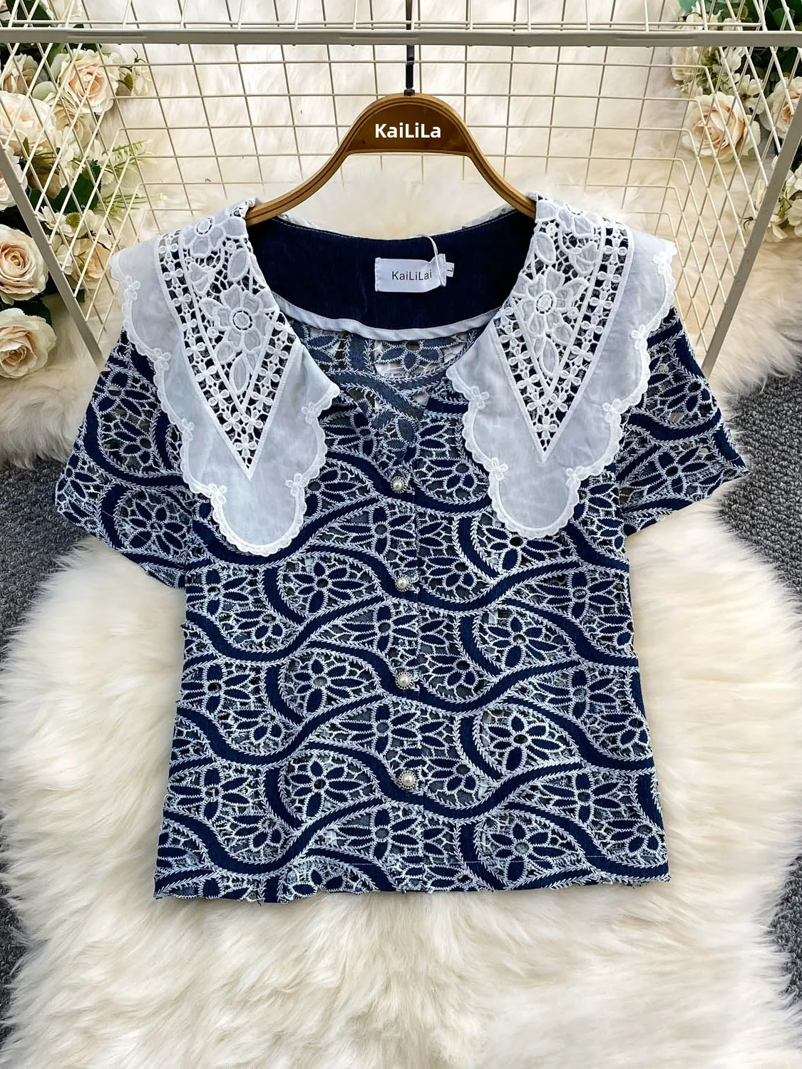 Lace Splicing Hollow out Denim Doll Collar Shirt Women's Loose Slimming Top Korean Style Commute Fashion Summer 2026