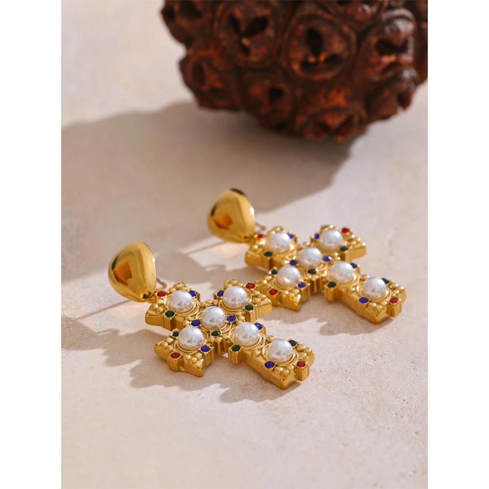 Yhpup Vintage Imitation Pearls Zirconia Cross Drop Earrings 18K Gold Color Stainless Steel Popular Jewelry 2025