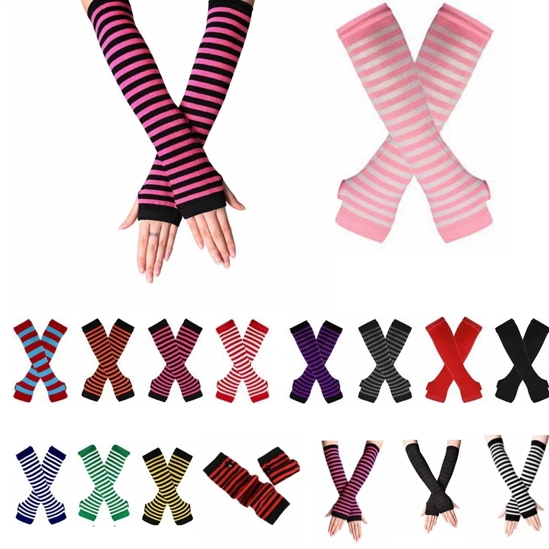 Winter Knitted Arm Warmer Thumb Hole Stretchy Gloves Women Long Fingerless Gloves