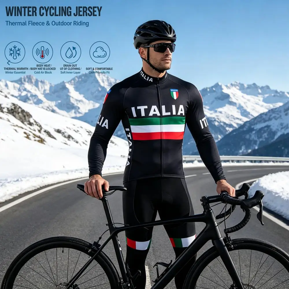 2027 ITALIA Termal Fleece Cycling Jersey Winter Thermal Fleece Clothing Pants Gel Outfit Mtb Man Bicycles Professional Shirt Set