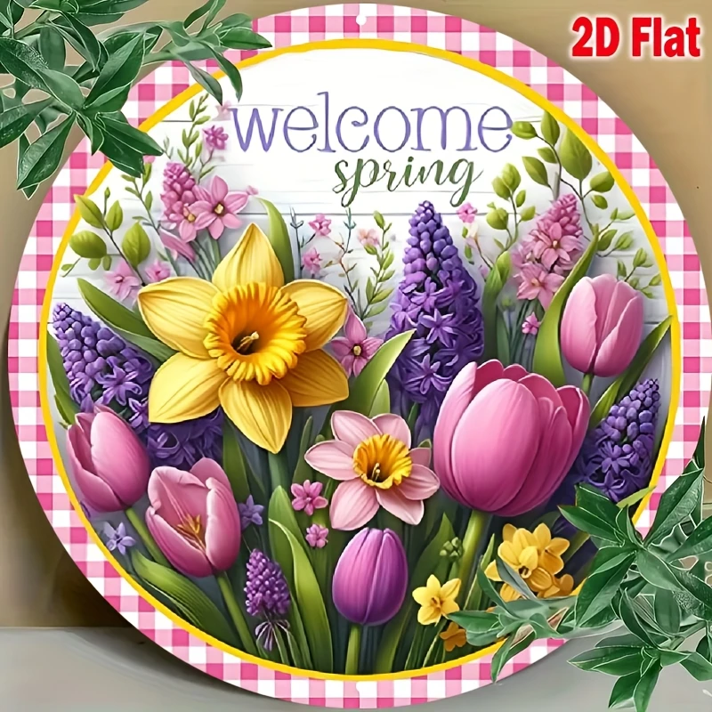 2D Flat, 2D Flat Design, Spring Wreath Sign, Tulip and Daffodil, Round Metal Hanging Ornament, Door Decoration Plaque, 2D Flat
