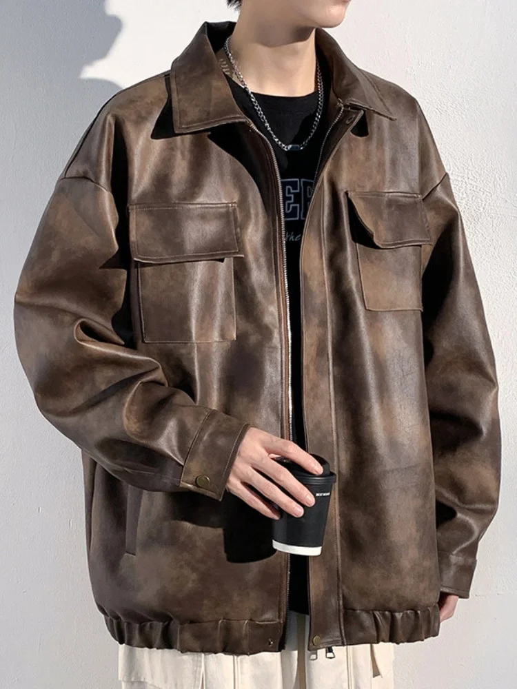 

Мужская кожаная куртка 2024: Новинка осени, американская ретро-модель из окрашенной искусственной кожи, премиум-класса, с отложным воротником и декоративной молнией