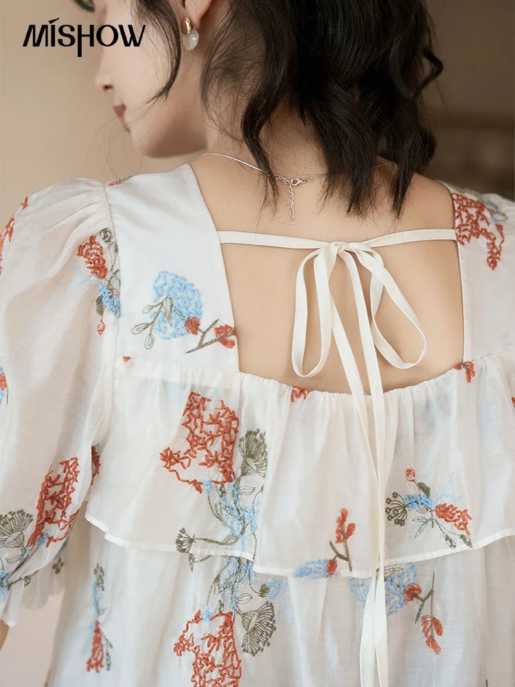 MISHOW [Taraxacum Series] Embroidery Flower Sweet Bubble Sleeve Blouses 2023 Summer Pullover Loose Square Collar Tops MXC38X1278