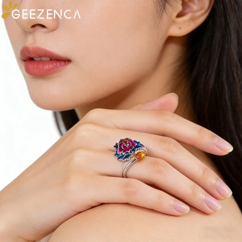 GEEZENCA 999 Fine Silver Colored Enamel Big Peony Flower Lotus Bud Statement Ring Women Vintage Gorgeous Cocktail Rings Her Gift