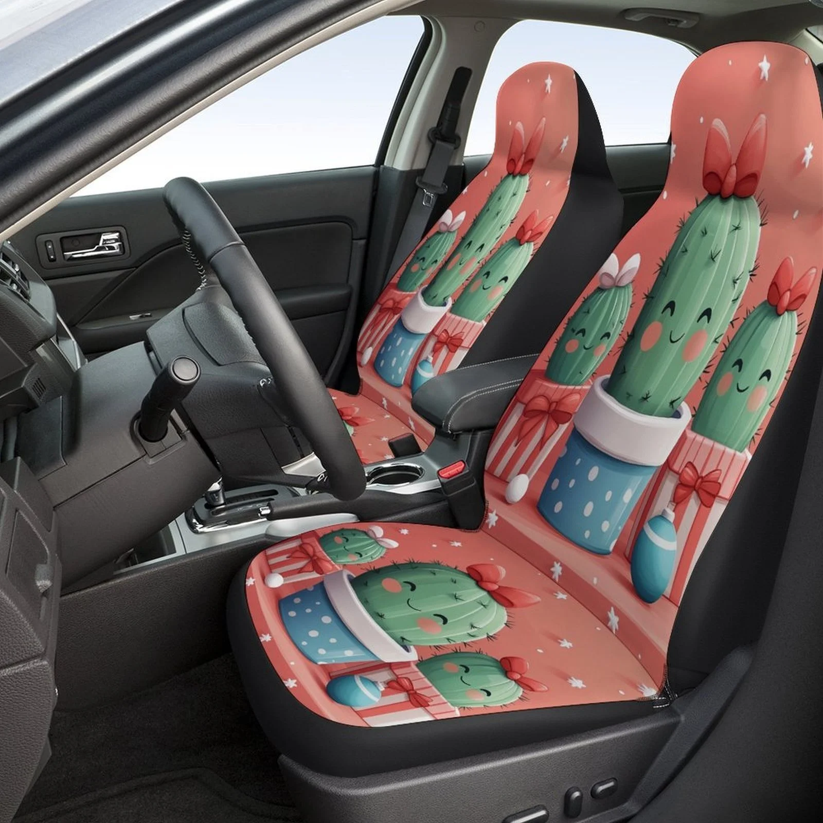 Cactus Gift Boxes Themed Car Seat Cover Set For Most Cars, Fashionable Novelty Car Seat Protector Covers Full Set, Car Seat Cov