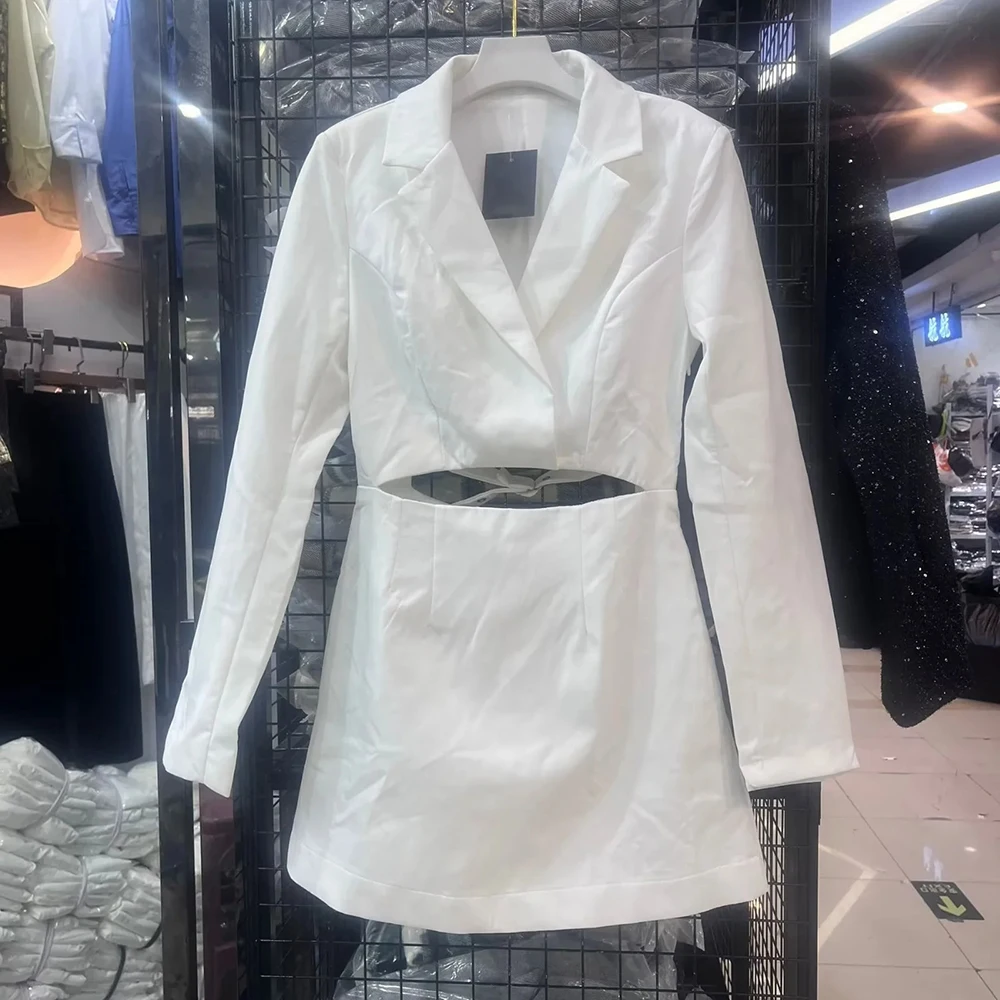 TWOTWINSTYLE Solid Slimming Fashion Dresses for Women Lapel Long Sleeves Patchwork Hollow Out Dress Female Temperament Clothing