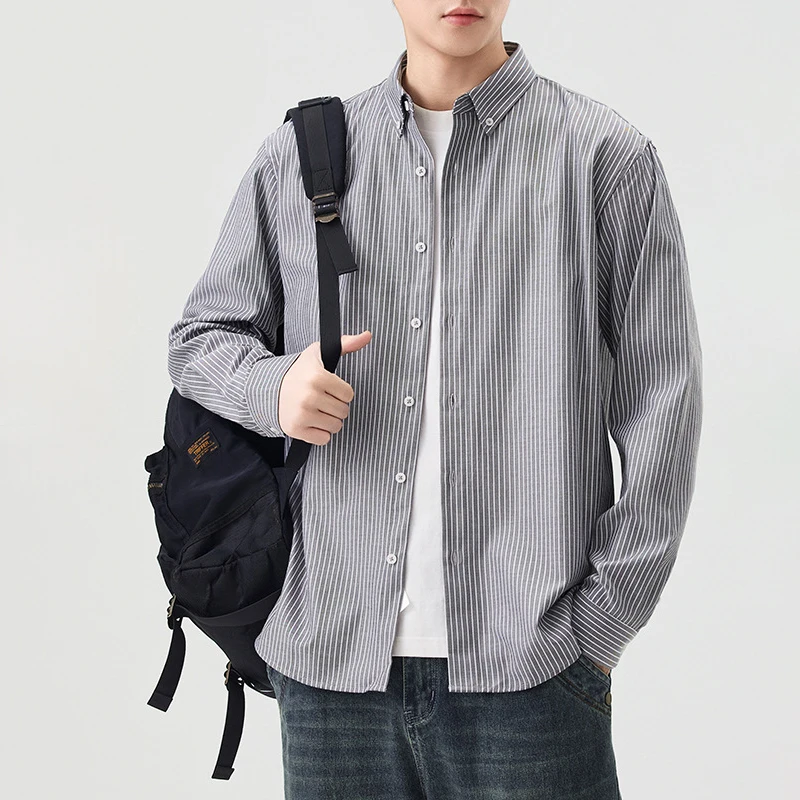 Men's Contrast Color Striped Shirts Spring Autumn Simple Versatile Long Sleeve Lapel Blouse Male Korean Fashion Man Clothes Tops