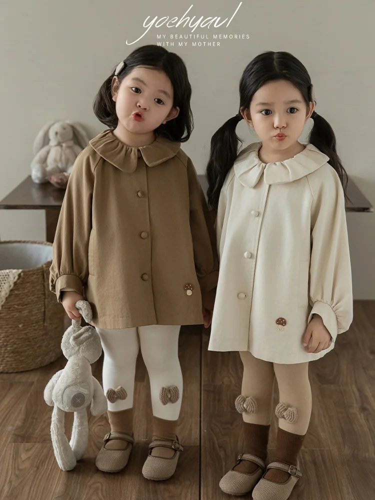 

Girl Windbreaker Autumn Vitality Cuteness Pleated Small Lapel Lantern Sleeves Solid Color Jacket Trendy