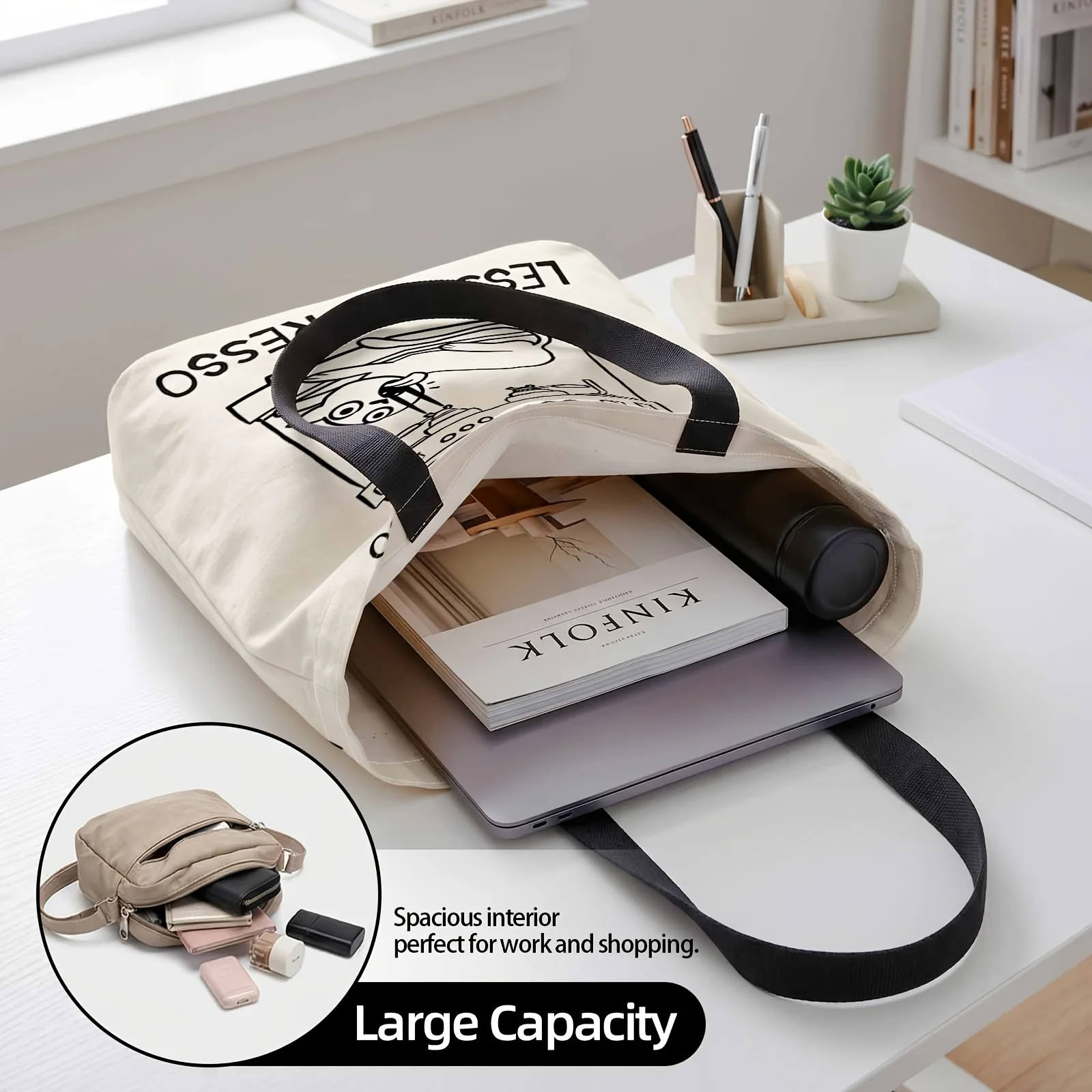 Handbag with More Espresso Less Depresso Pattern Reusable Fashion Handbag Shopping Tote Bag Suitable for Shopping Office