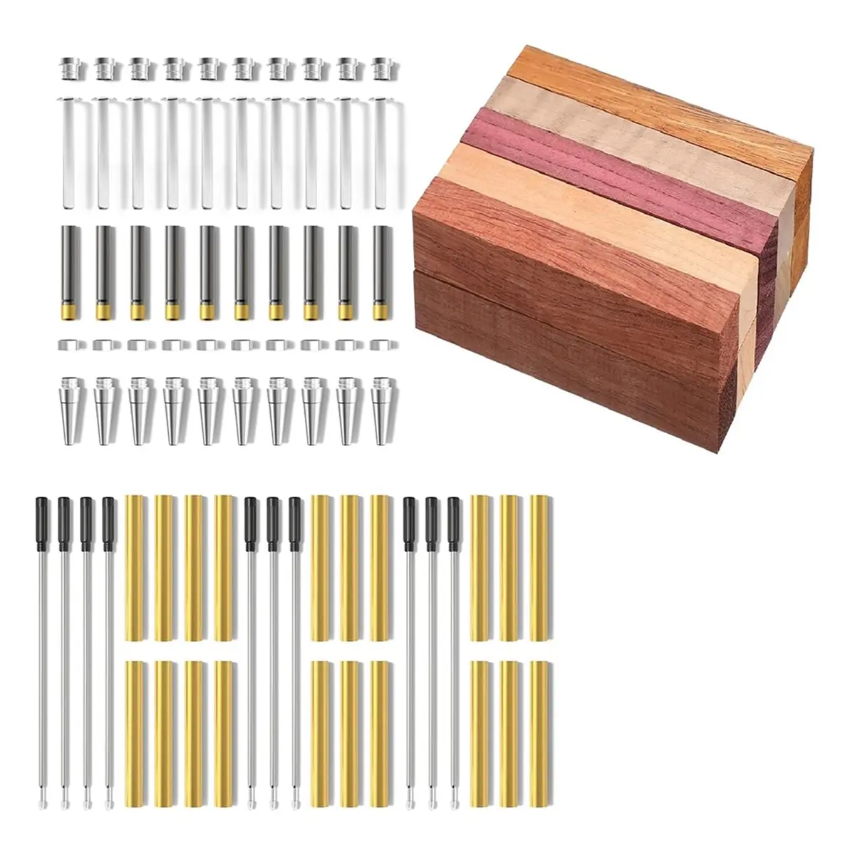 A50U Slimline Woodturning Pen Kit - Premium Silver Twist Set with 20 Pieces of Hardwood Turning Blanks -DIY Crafting Supplies